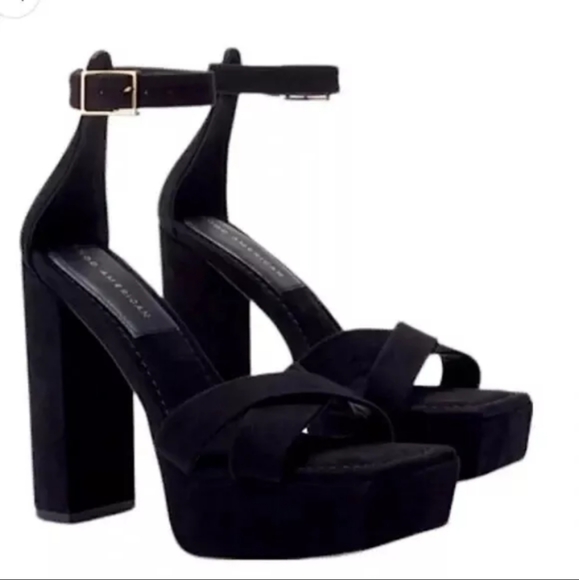 Good American Black Suede Platform Block Heel Sandals